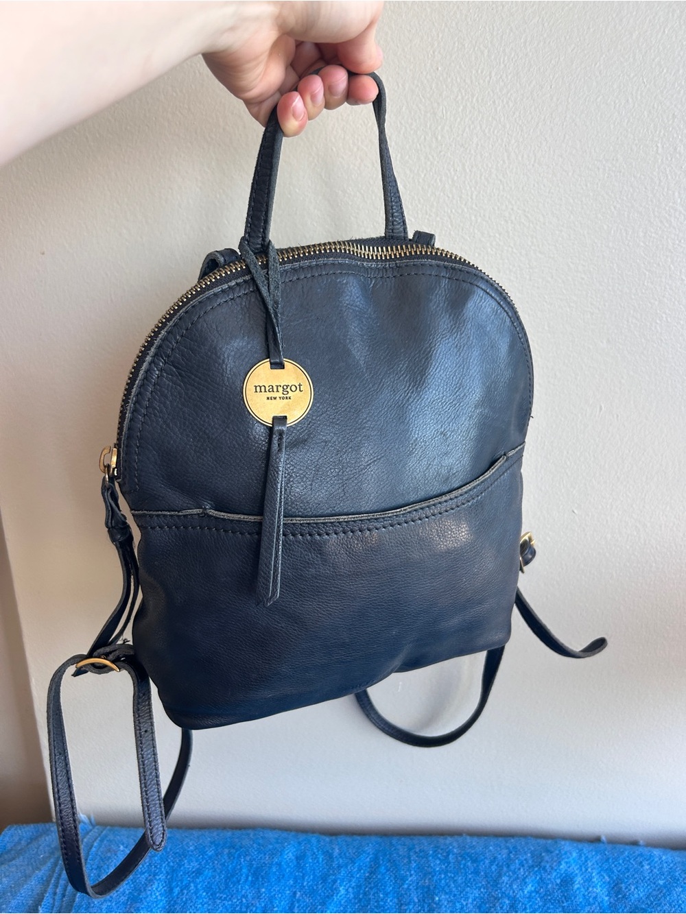 Margot New York Black Pebbled Leather Mini Backpack Purse Gold Hardware